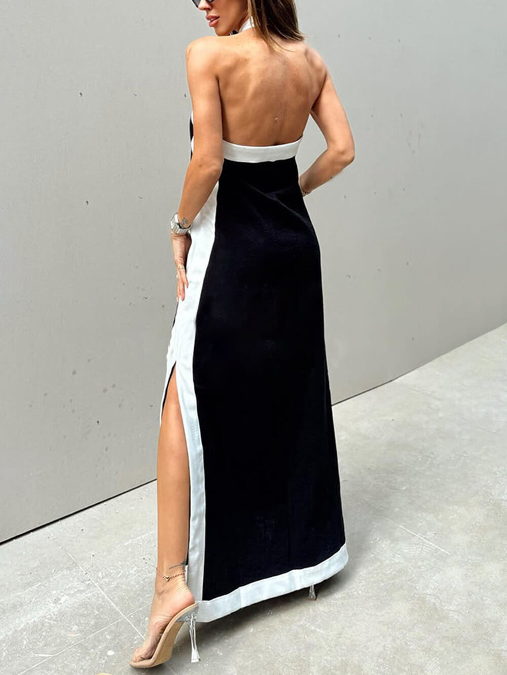 Color-Block Halter-Neck Maxi Dress with Slit