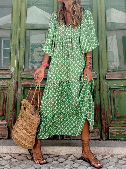 Bohemian Printed Maxi Dress - Flowy Boho-Chic Silhouette with Vibrant Pattern