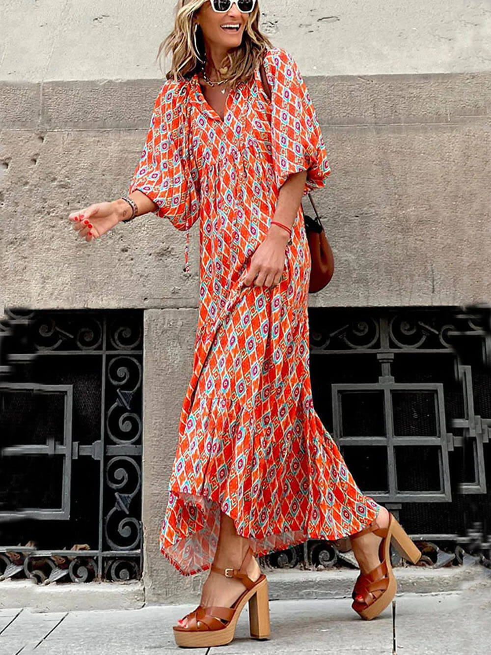 Bohemian Printed Maxi Dress - Flowy Boho-Chic Silhouette with Vibrant Pattern
