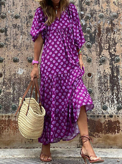Bohemian Printed Maxi Dress - Flowy Boho-Chic Silhouette with Vibrant Pattern