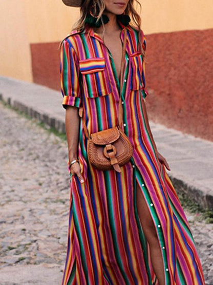 Effortless Casual Striped Print Shirt & Maxi Skirt Set