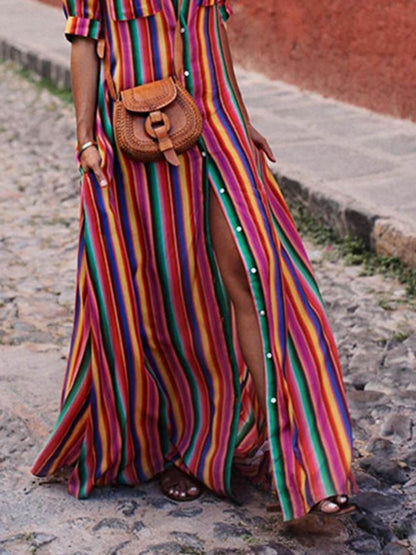 Effortless Casual Striped Print Shirt & Maxi Skirt Set