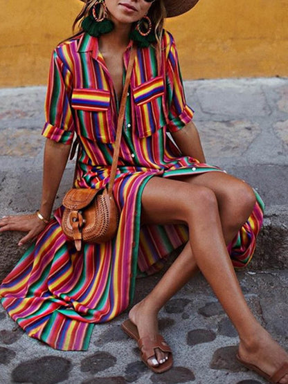 Effortless Casual Striped Print Shirt & Maxi Skirt Set