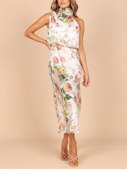 Floral Halter-Neck Maxi Dress with Elastic Waist