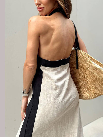 Color-Block Halter-Neck Maxi Dress with Slit