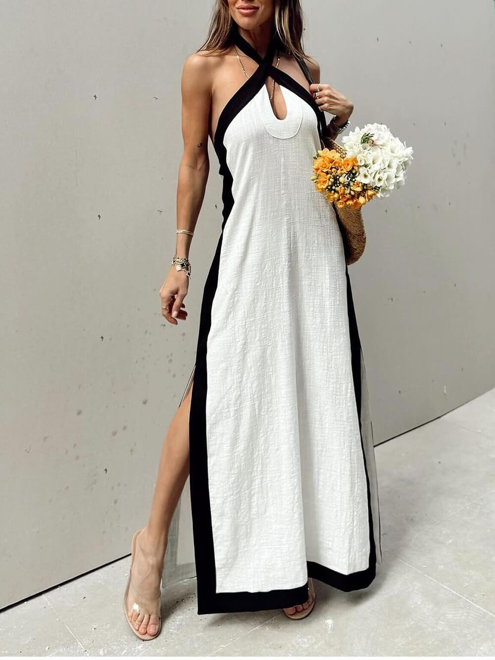 Color-Block Halter-Neck Maxi Dress with Slit