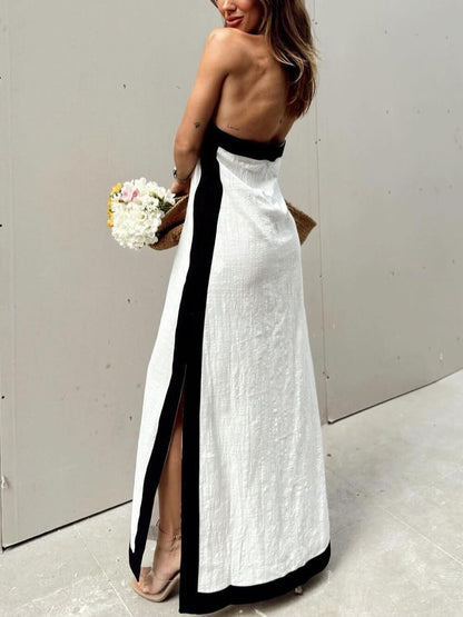 Color-Block Halter-Neck Maxi Dress with Slit