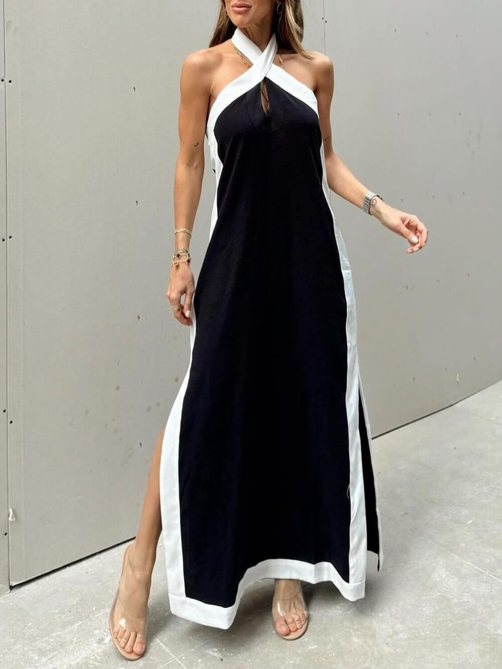 Color-Block Halter-Neck Maxi Dress with Slit