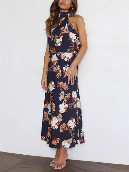 Floral Halter-Neck Maxi Dress with Elastic Waist