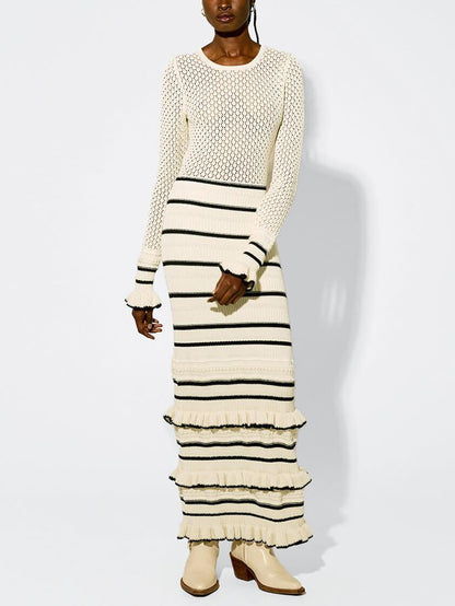 Knit Stripe Ruffle Maxi Dress with Long Sleeves